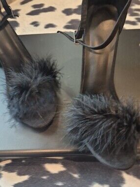 Black Faux-Fur Block Heel Sandals - Women 4inch